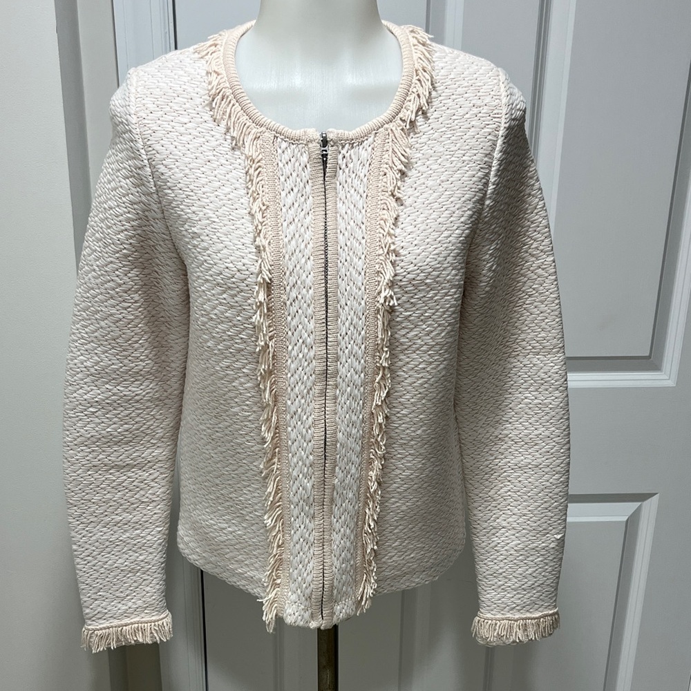 Etcetera cream colored zip sweater. Sz M. Nubby knit with fringe trim.